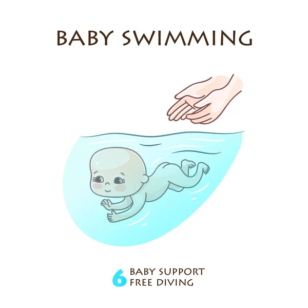 Nado do bebê e regras de cuidado da criançal. O bebé mergulha debaixo de água na piscina. Infográficos da natação infantil. Ilustração vetorial de um bebê recém-nascido tomando banho. Bebê nada na piscina . — Vetor de Stock