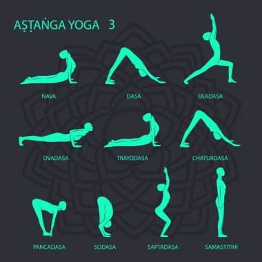 Karanlık arka planda yoga asanas seti 