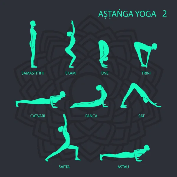 Set Asanas Yoga Sobre Fondo Oscuro — Vector de stock
