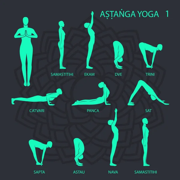Uppsättning Yoga Asanas Mörk Bakgrund — Stock vektor