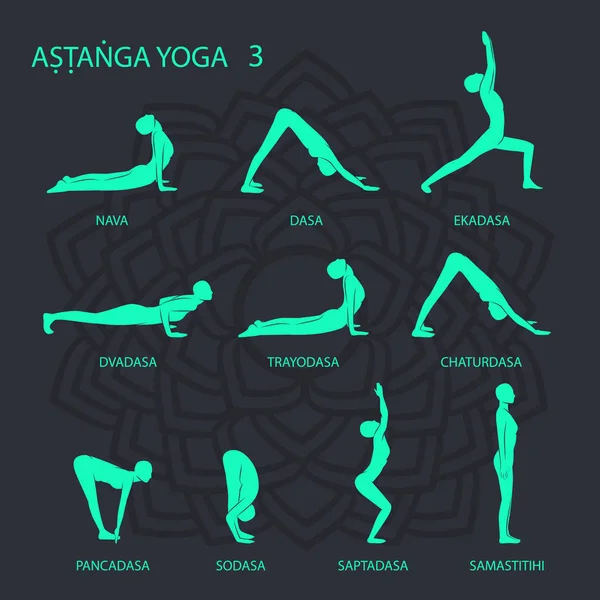 Set Asanas Yoga Sobre Fondo Oscuro — Archivo Imágenes Vectoriales