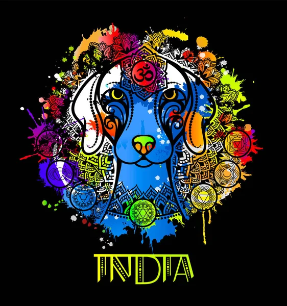 Imagen vectorial de un perro indio en ornamento indio . — Archivo Imágenes Vectoriales