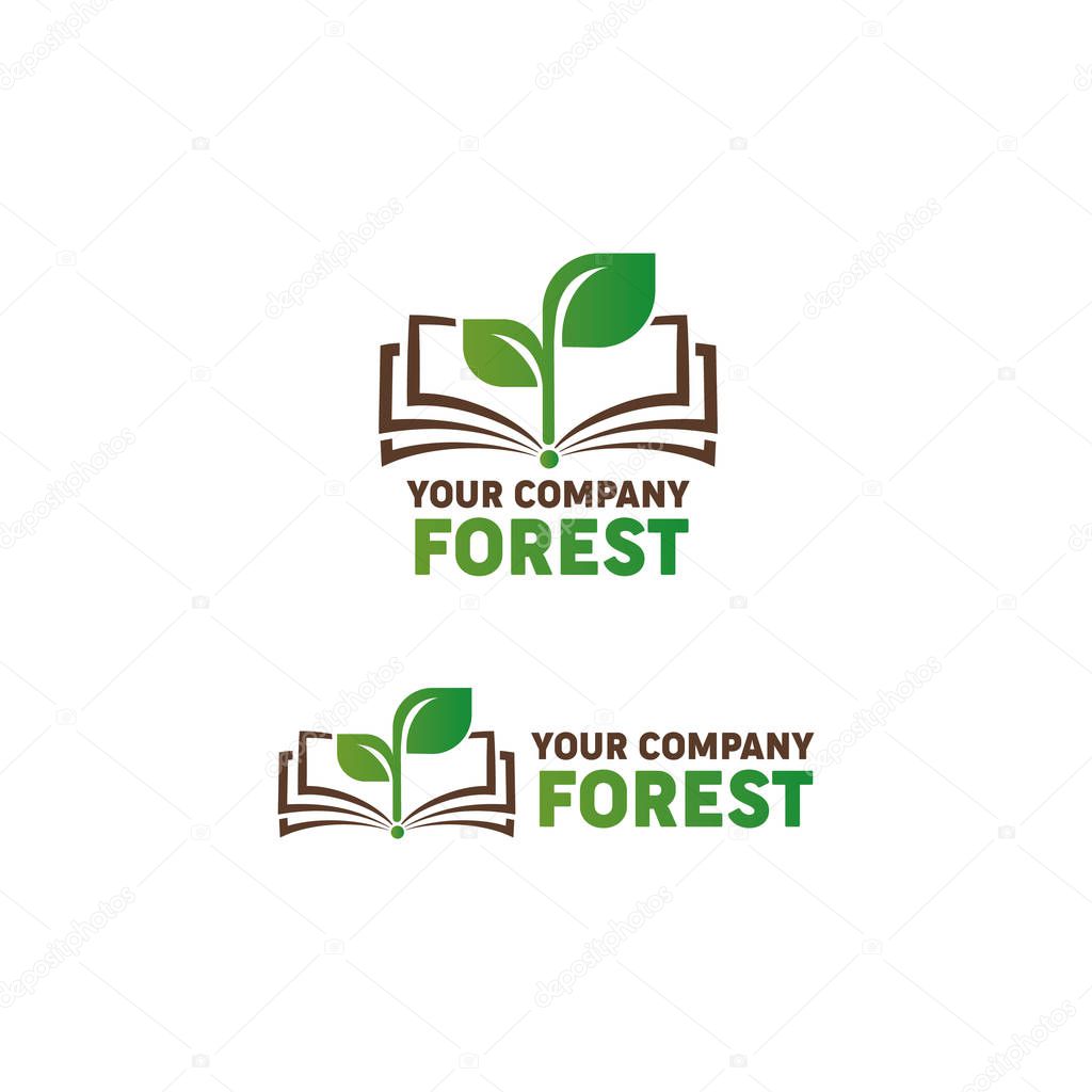 Logo open book and green sprout. Symbol of knowledge, ecology, forest. Vector logo for your company.. Open book silhouette with green sprigs and leaves. Flat icon isolated on white background. Reading icon. Vector illustration. Study pictogram. Power