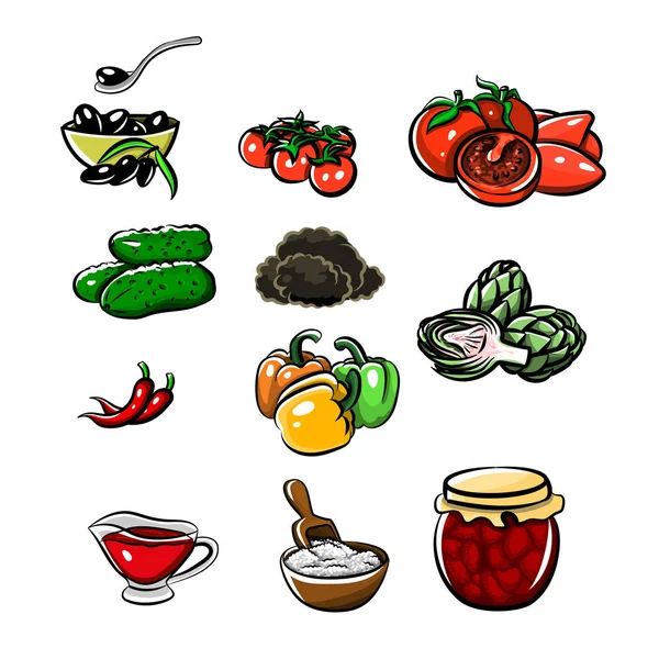 Iconos vectoriales de productos en el estilo de dibujo. Aceitunas, olivos — Archivo Imágenes Vectoriales