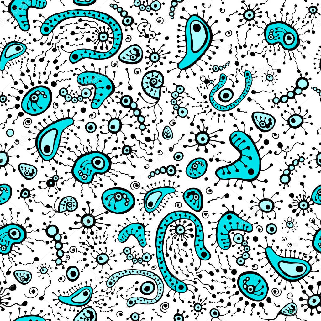 Vector seamless pattern. Doodle illustration microscope . Microb