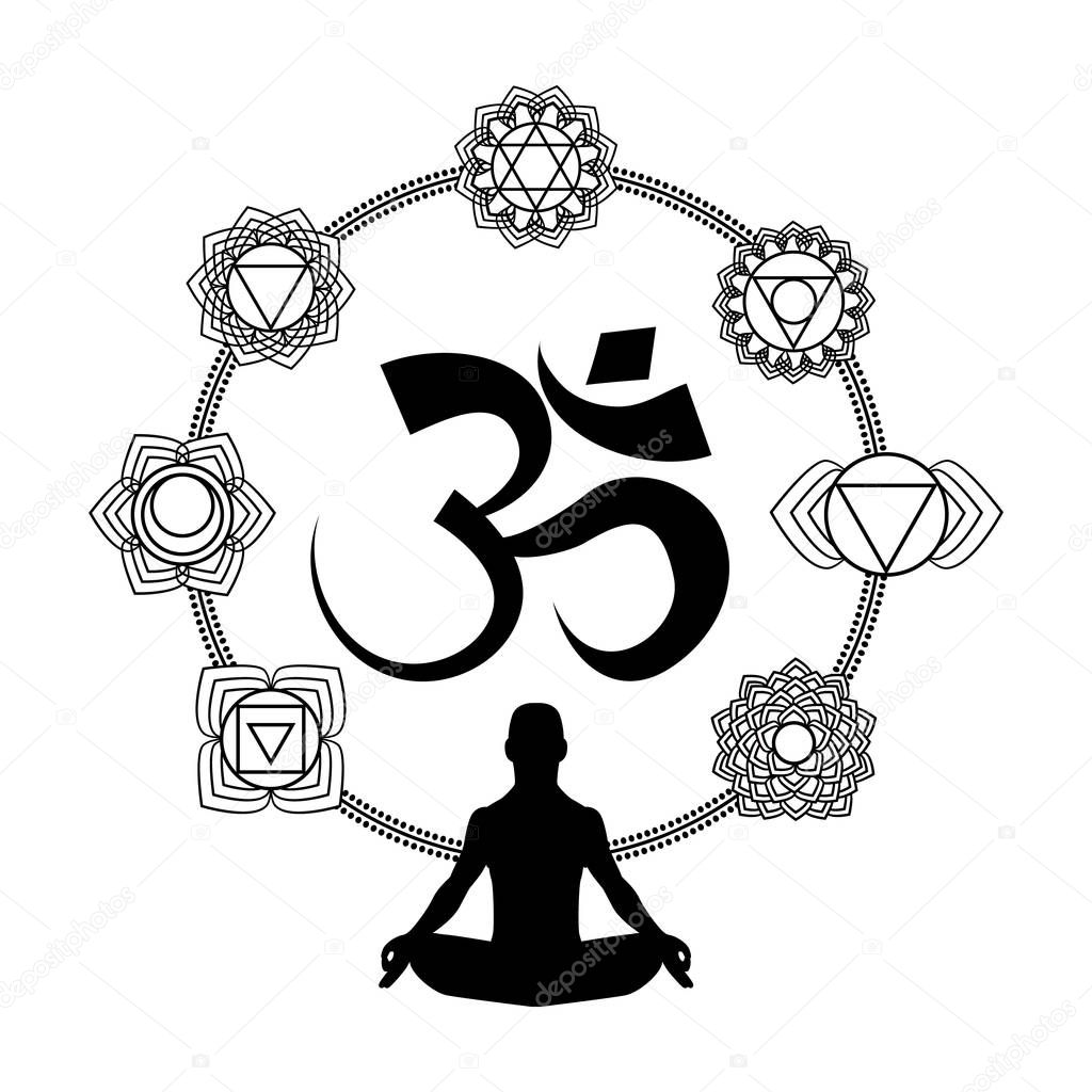 Silhouette of man with symbols of chakra. Vector symbol ohm