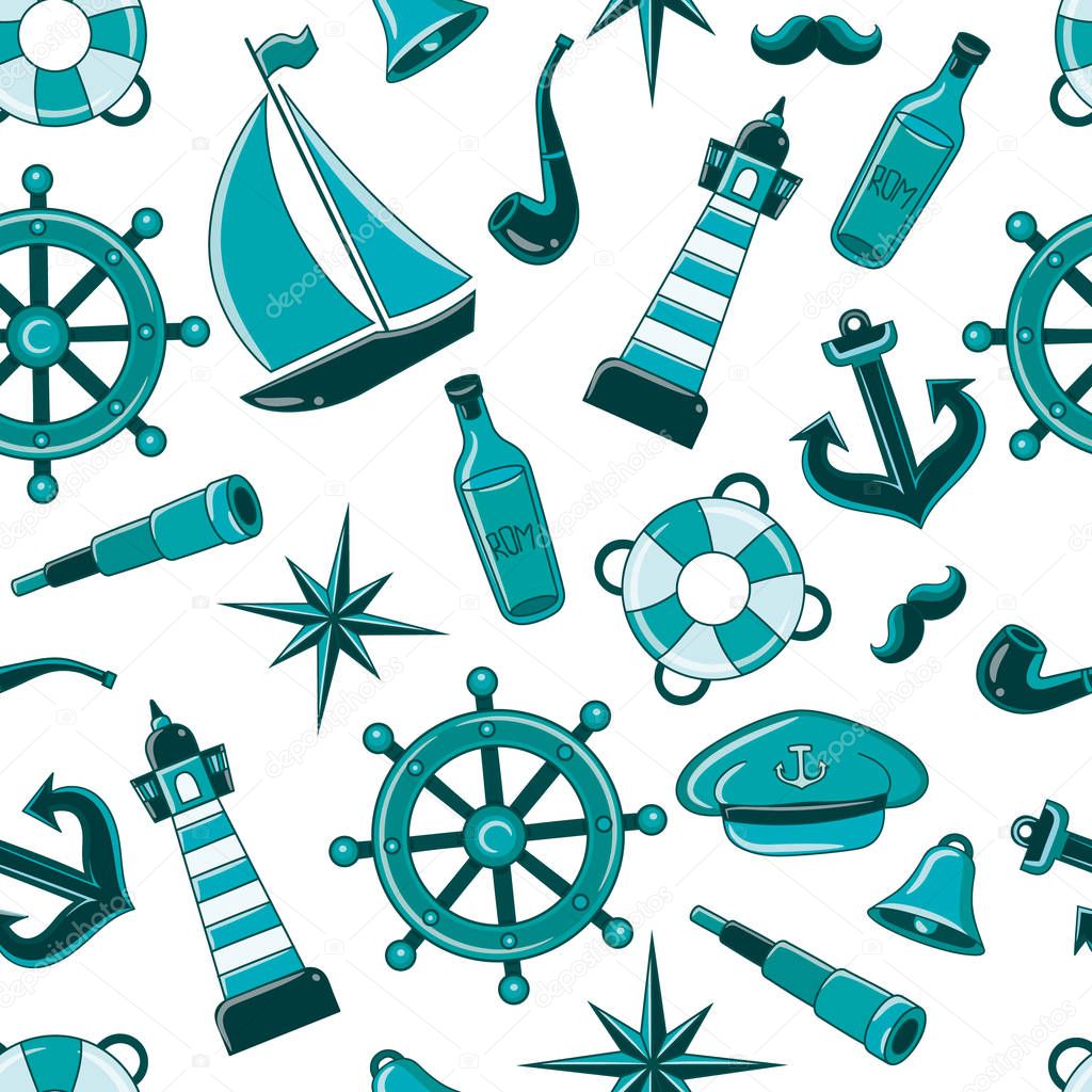 Sailor pattern. Seamless pattern of a pirate ship and attributes
