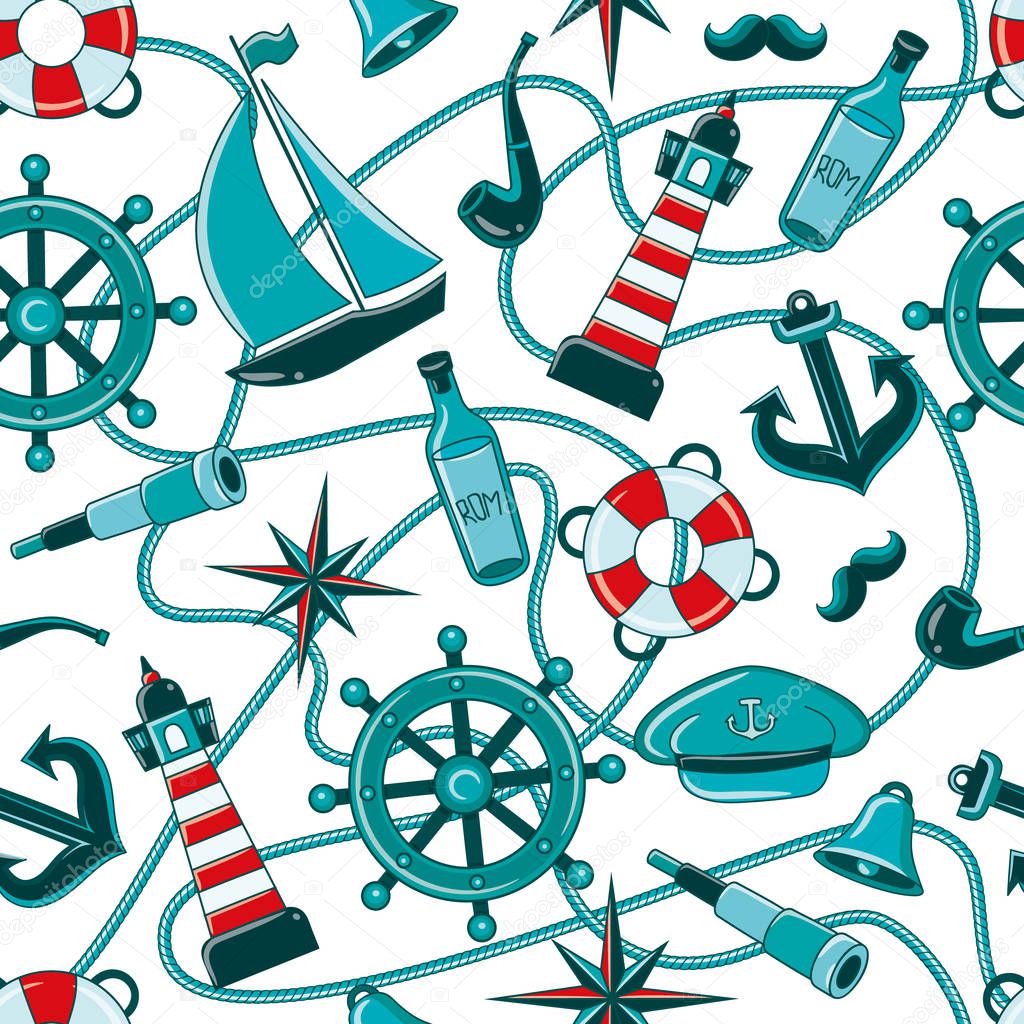 Sailor pattern. Seamless pattern of a pirate ship and attributes