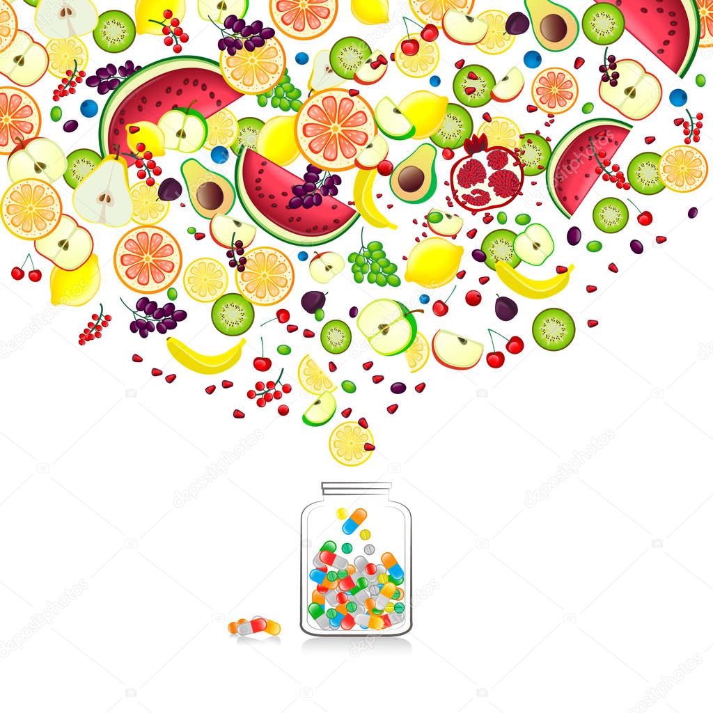 Vector fruits and berries fall into a jar with vitamins in table