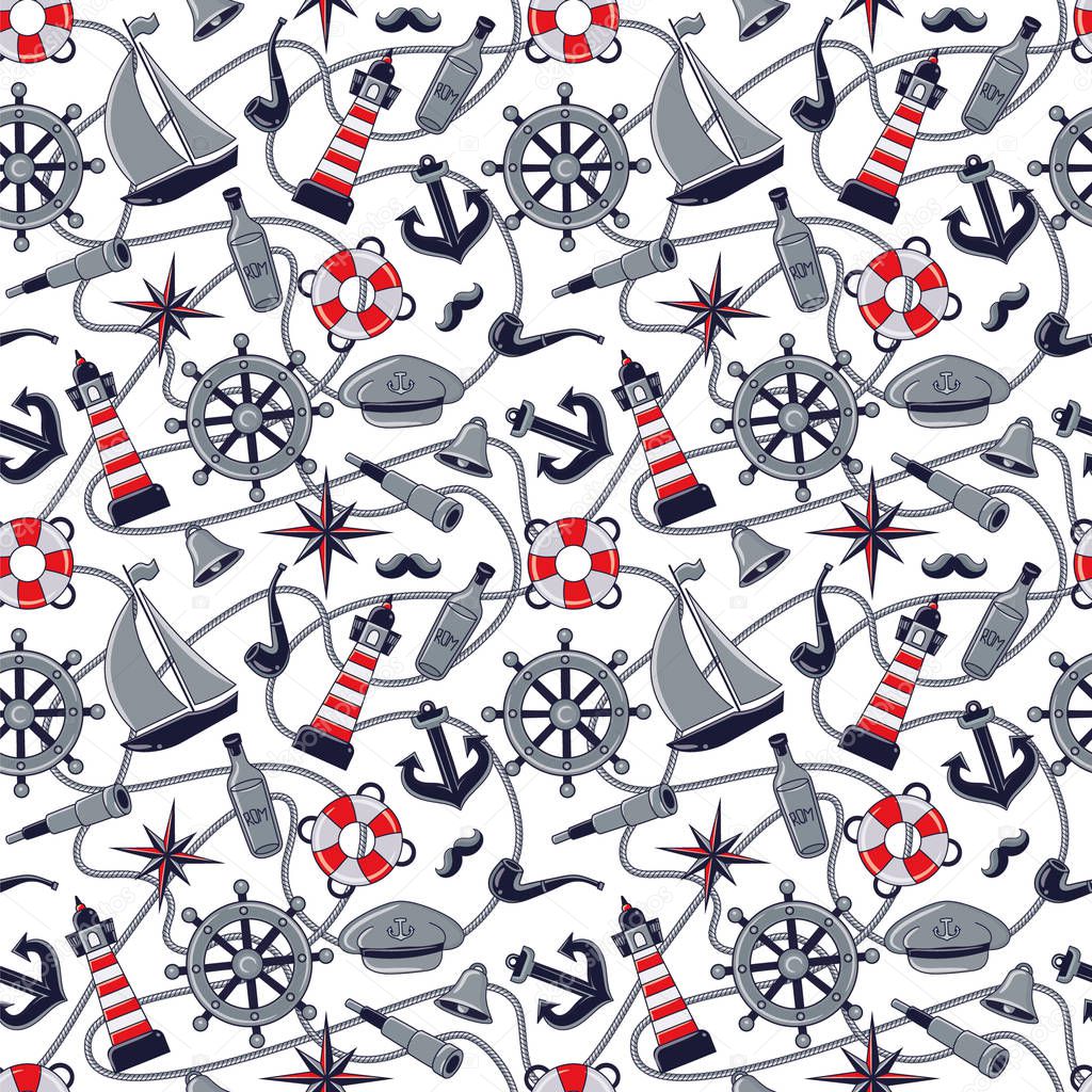 Sailor pattern. Seamless pattern of a pirate ship and attributes. hand-drawn illustration