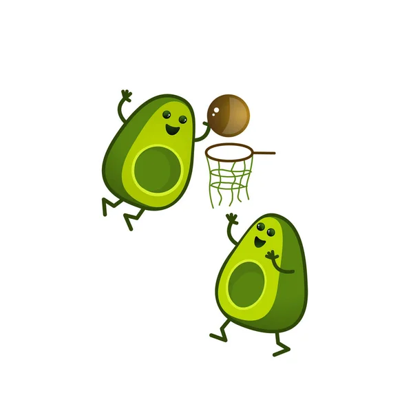 Karikatür avokado karakterleri basketbol oynar. Ikiye böldük kawaii avokado bir spordur. Beyaz arka planda izole edilmiş sağlıklı yaşam tarzı illüstrasyonu. — Stok Vektör