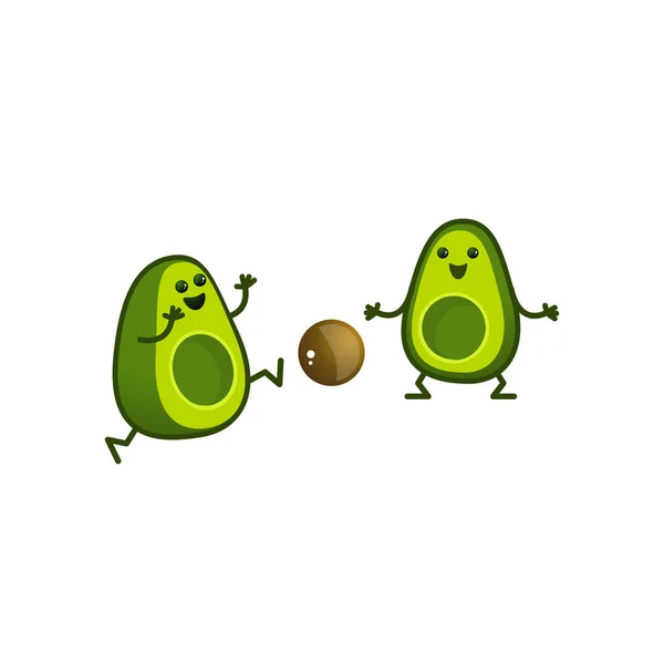 Karikatür avokado karakterleri footballl oynarlar. Ikiye böldük kawaii avokado bir spordur. Beyaz arka planda izole edilmiş sağlıklı yaşam tarzı illüstrasyonu. — Stok Vektör