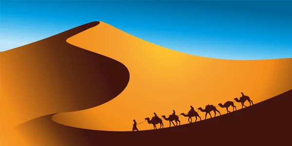 Camel Caravan går genom öknen landskapet. Vektor illustration av Sahara eller Namibia öknen. — Stock vektor