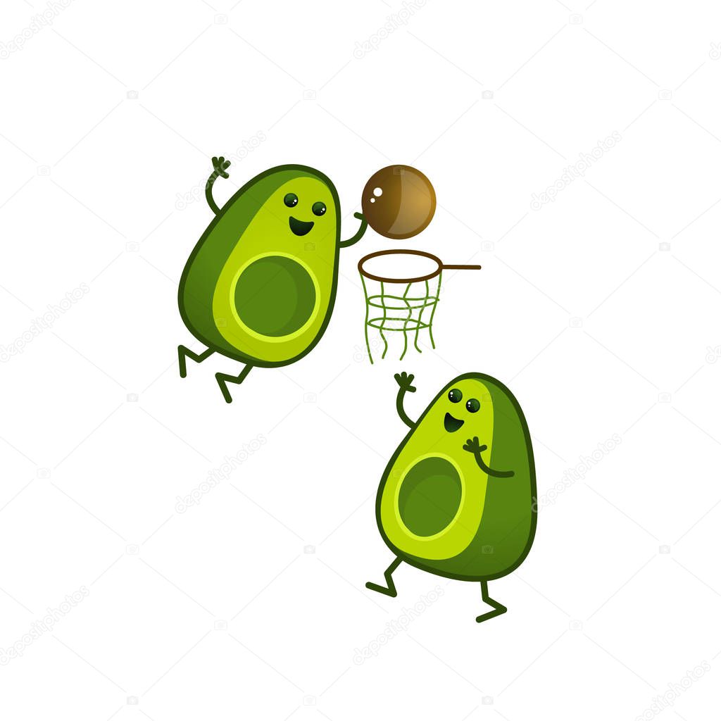 Cartoon avocado characters play basketball. A kawaii avocado cut in half is a sport. Healthy lifestyle illustration isolated on white background.