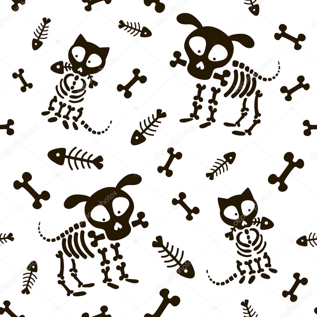 Halloween seamless pattern. Funny skeleton, skull and bones. Vector pattern with dog skeleton and cat skeleton on a white background