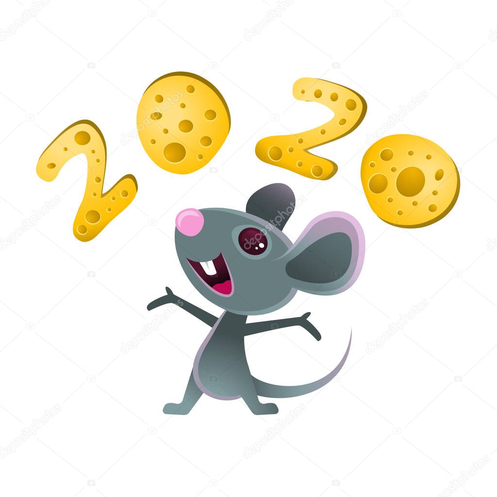 Symbol of 2020, a cheerful gray mouse juggles cheese. Mouse and cheese. Year of the rat and mouse.Template card for Happy new year party. Lunar horoscope sign. Vector illustration.