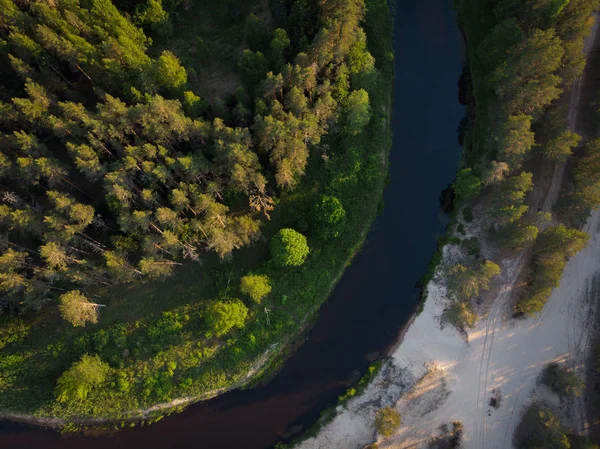 Vue Dessus Sur Rivière Sinueuse Dans Forêt — Photo