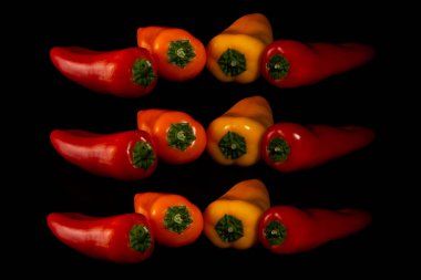 closeup farklı renkleri siyah arka plan üzerine mini tatlı kırmızı biber