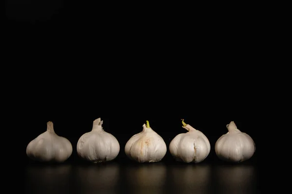 Colseup Five Garlic Row Black Background Free Copy — Stock Photo, Image