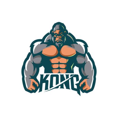 Kaslı kong logosu. Güçlü King Kong görüntüsü izole edilmiş beyaz arkaplan