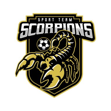Akrep atletizm kulübü logosu konsepti beyaz arka planda izole edildi. Modern futbol takımı maskotu tasarımı. Hayvan vektör illüstrasyonlu futbol takımı logo şablonu