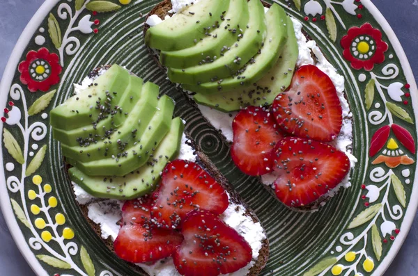 Bruschetta Cream Cheese Avocado Strawberries Chia Seeds — Stock Photo, Image