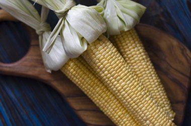 Mısır çam kuyrukları ile bir kara tahta üzerinde  