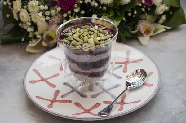 Chia Pudding on Milk with Black Currant and Bouquet — Stock Photo, Image