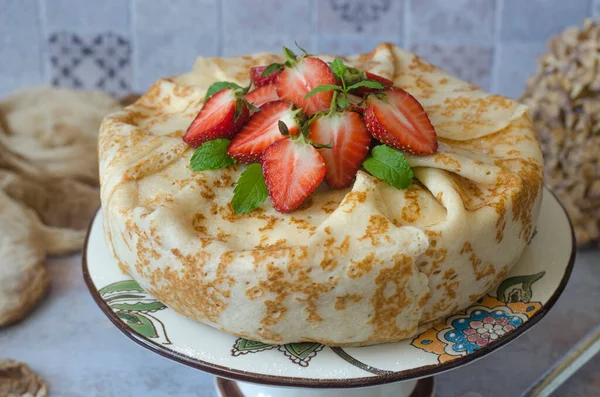 Pancake Cake Cream Cheese Strawberries — Stock Photo, Image