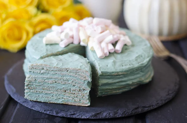 Torta Tortitas Con Crema Agria Espirulina — Foto de Stock