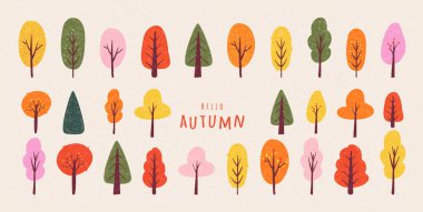 Sonbahar soyut el seti parlak renkli ağaçlar çizdi. Yatay düşüş arka planı. Kart, web, pankart, satış, poster, broşür, kapak, sosyal medya, reklamlar, sezon dekorasyonu için modern tasarım şablonu