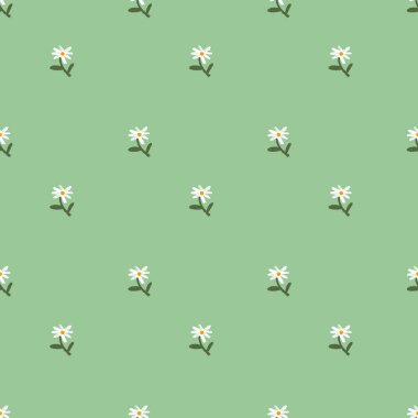 Yeşil arka planda el çizimi papatyalar olan kusursuz çiçek deseni. Baskı, kumaş, duvar kağıdı veya ambalaj kağıdı için botanik tasarımı. Vektör illüstrasyonu