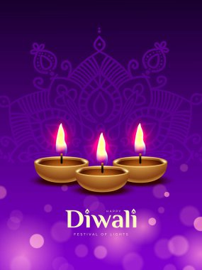 diya lambası, mandala ve bokeh efektli Diwali bayrağınız kutlu olsun. Hint ışık festivali. Tebrik kartı, afiş, kapak, poster veya el ilanı için bayram arkaplanı