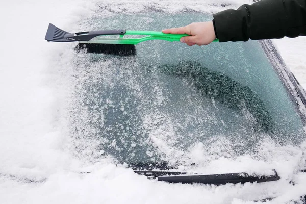 Cleaning Car Windshield Brush Snow Ice Seasonal Difficulties Road Caring — Stock Photo, Image