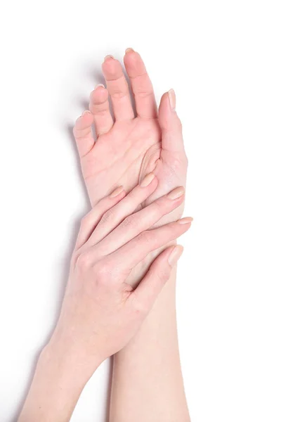 Beyaz arka planda bir kızın güzel nazik elleri