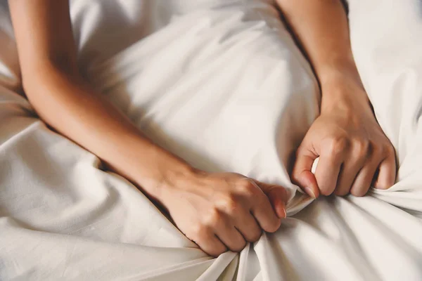 Woman Hand Sign Orgasm Bed Sheet — Stock Photo, Image