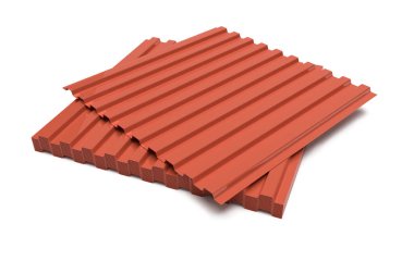 Beyaz arka planda çatı kaplaması için metal levhalar, 3 boyutlu. Çelik çatı kapağı profili.