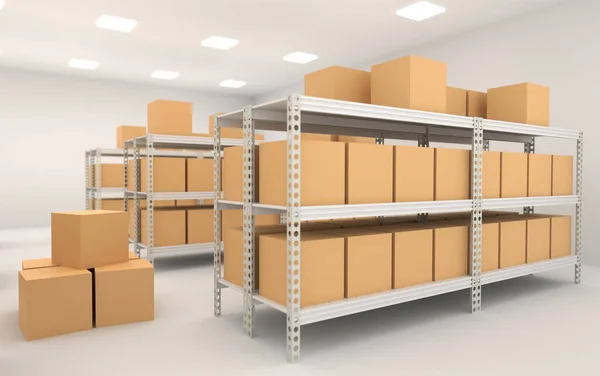 Rafları, rafları ve kutuları olan bir deponun içinde.