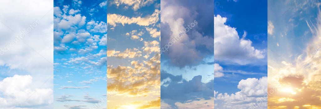 Collage of bright, delightful sky with beautiful sunsets and sunrises clouds. Images with different types of clouds at different times of the day.