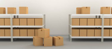 Depo içi raflar ve 3D çizim kutularıyla dolu