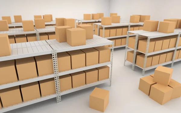 Warehouse interior with shelves, racks and boxes 3d render illustration.