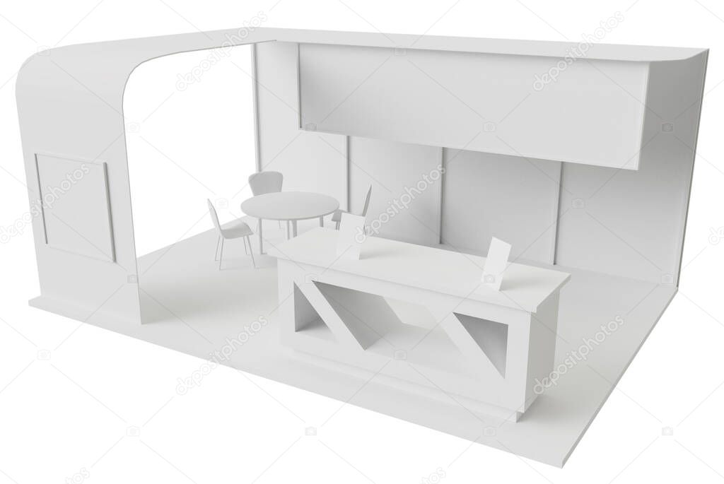 Exhibition stand for promotion with table and chair for clients and visitors 3d render illustration mock up.