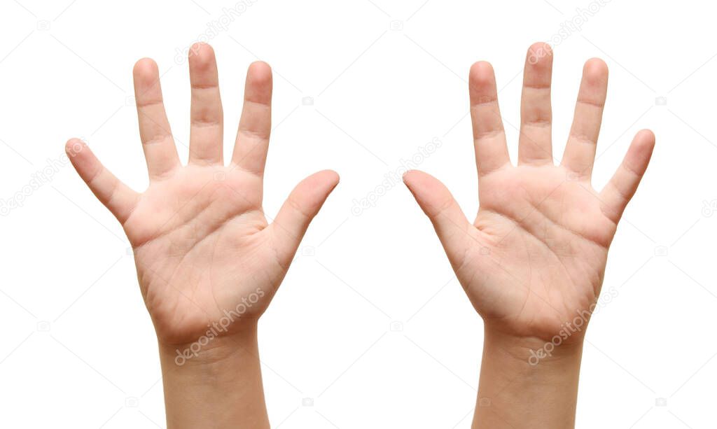 The children show open hands, close up on white background.