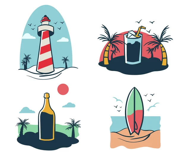 Quatre Mini Illustration Thème Des Vacances Plage — Image vectorielle