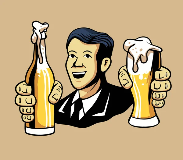 Ilustración Vectorial Del Hombre Retro Que Ofrece Cerveza — Vector de stock
