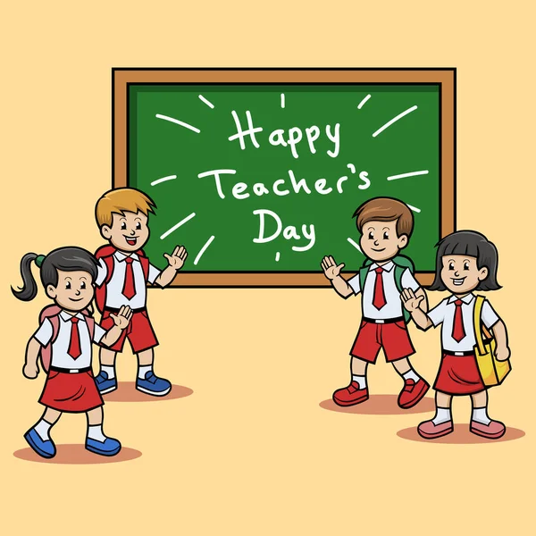 Elementary School Students Give Teacher Day Greeting Chalkboard — Stock Vector