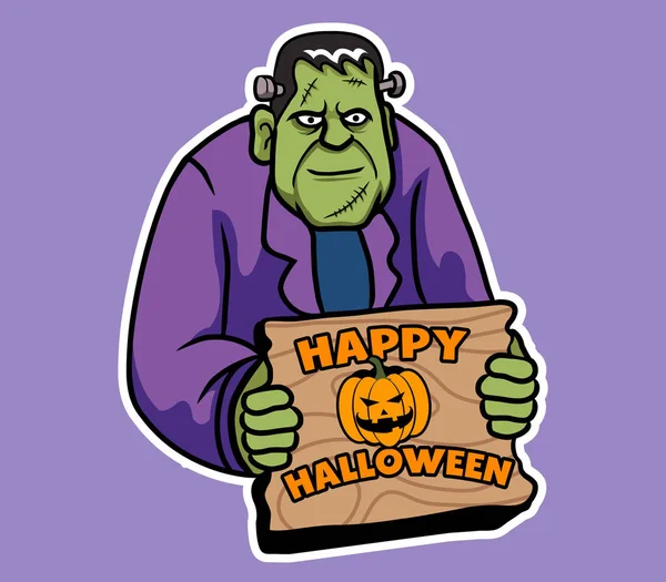 Frankenstein Sonriente Dar Halloween Saludo Tablero Madera — Archivo Imágenes Vectoriales