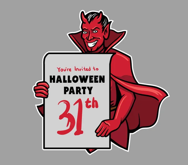 Vektorové Ilustrace Devil Přinést Halloween Party Pozvánka Deska — Stockový vektor