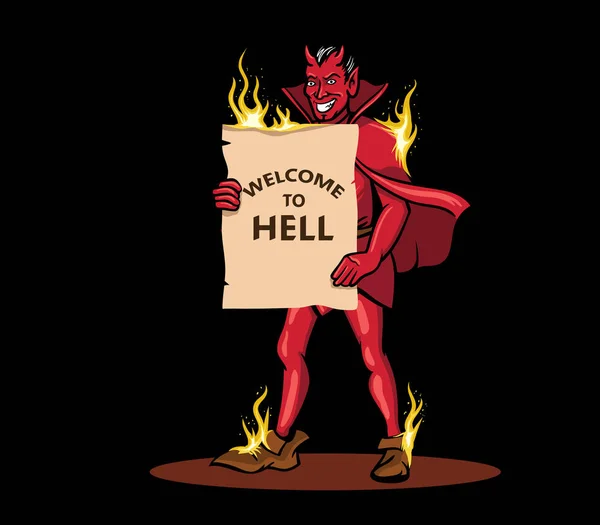 Ilustração Vetorial Diabo Trazer Wellcome Hell Placa Anúncio — Vetor de Stock