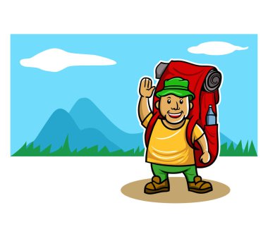 Dağcı dağ panoramik manzarası önünde vektör çizim